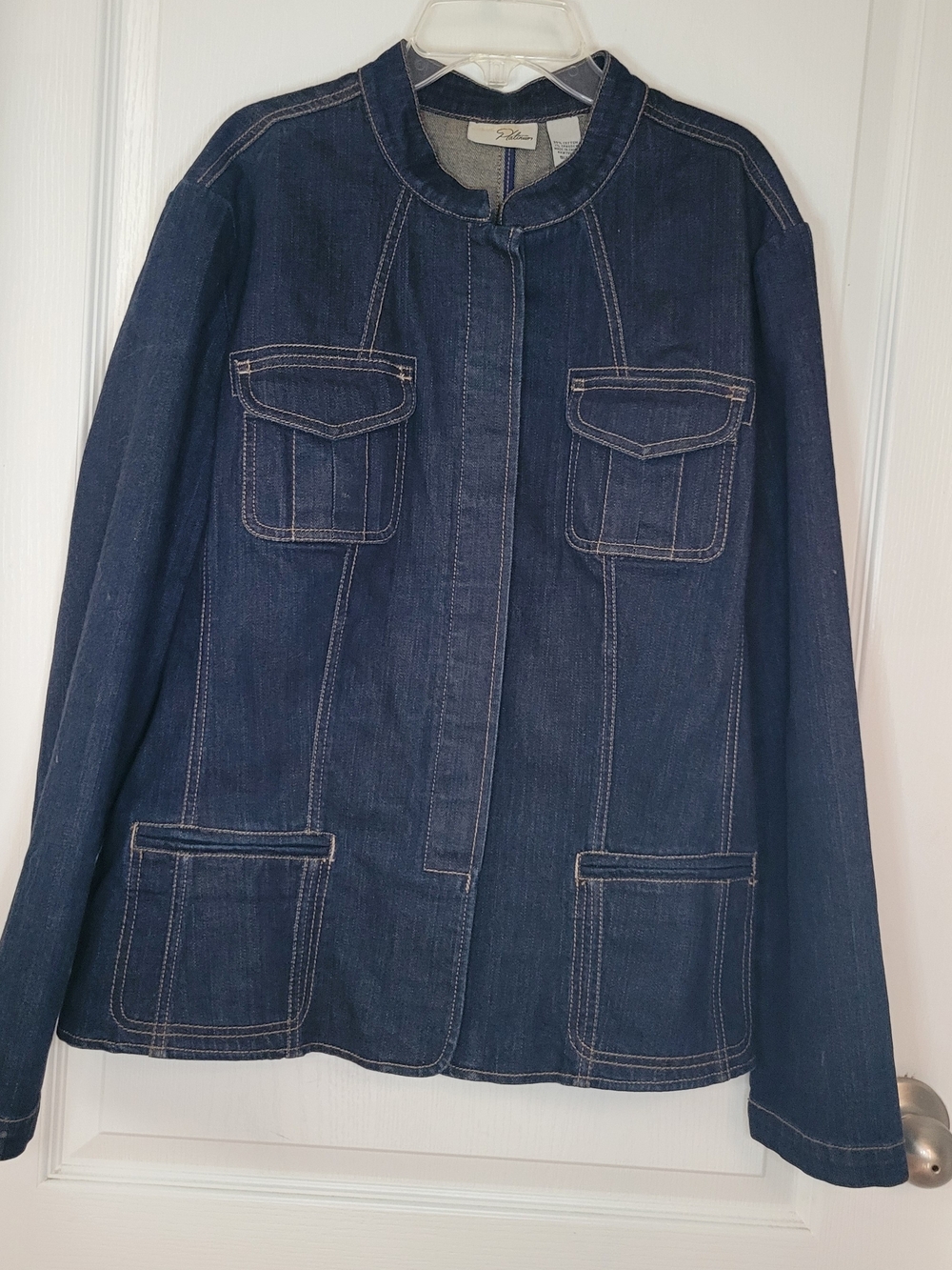 Chico's Platinum Mandarin Collar Denim Jacket Chico Size 3 (XL) Dark Wash